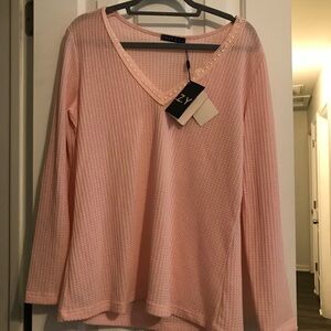 Pink V-Neck waffle, weave long sleeve lightweight Sweater XL